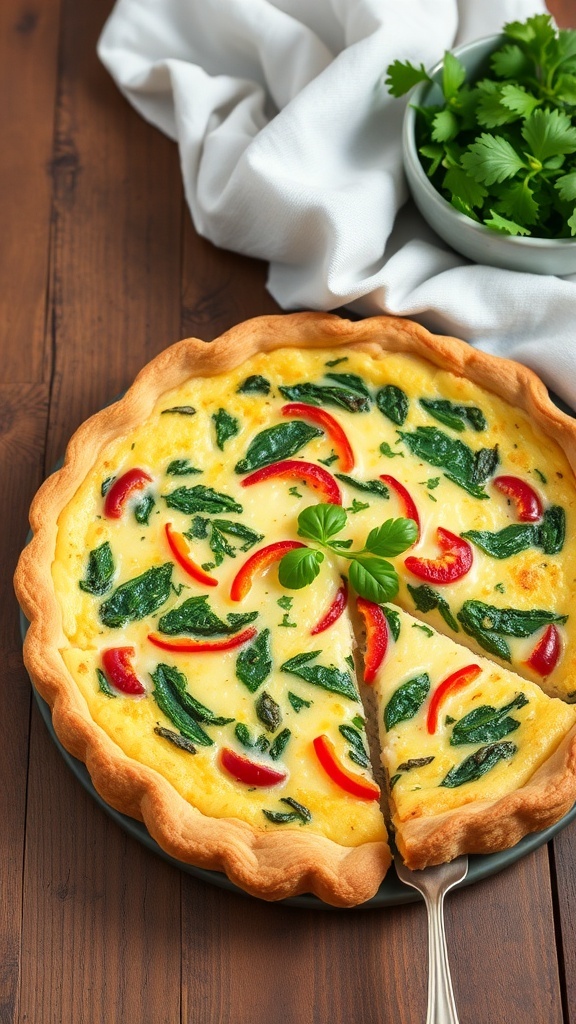 A golden vegetable quiche with spinach and bell peppers on a wooden table, garnished with herbs.